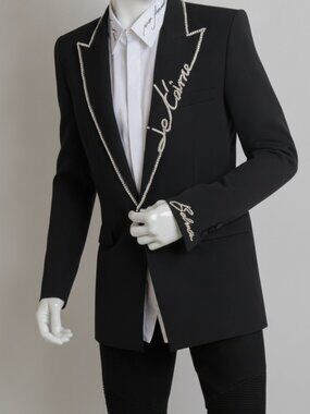 Balmain Paris Men's Black Love Letter Crystal Piping Suit Wool Jacket Size 52